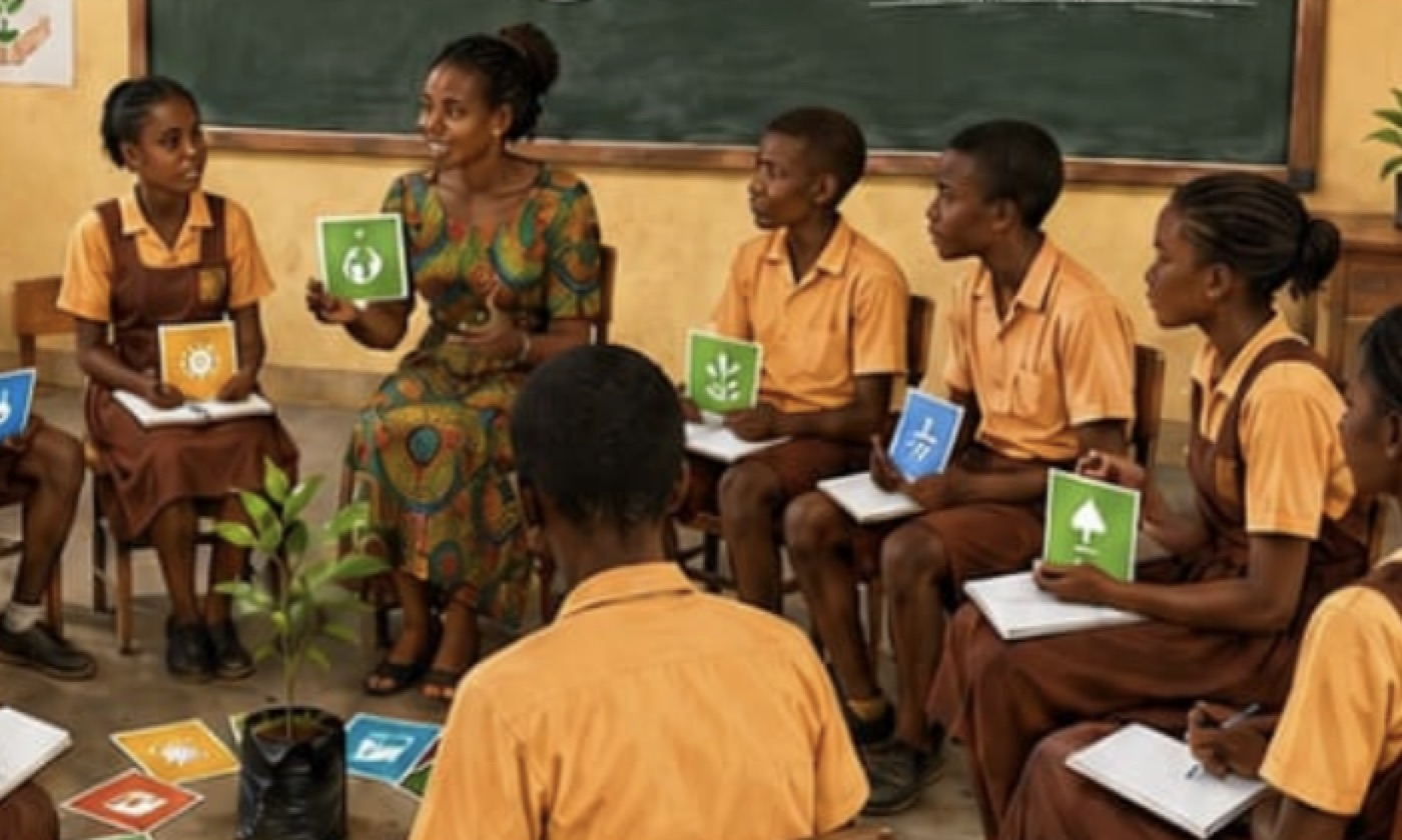 A full Climate Champions club session in progress, with pupils seated in a circle around a seedling and SDG cards laid out on the floor