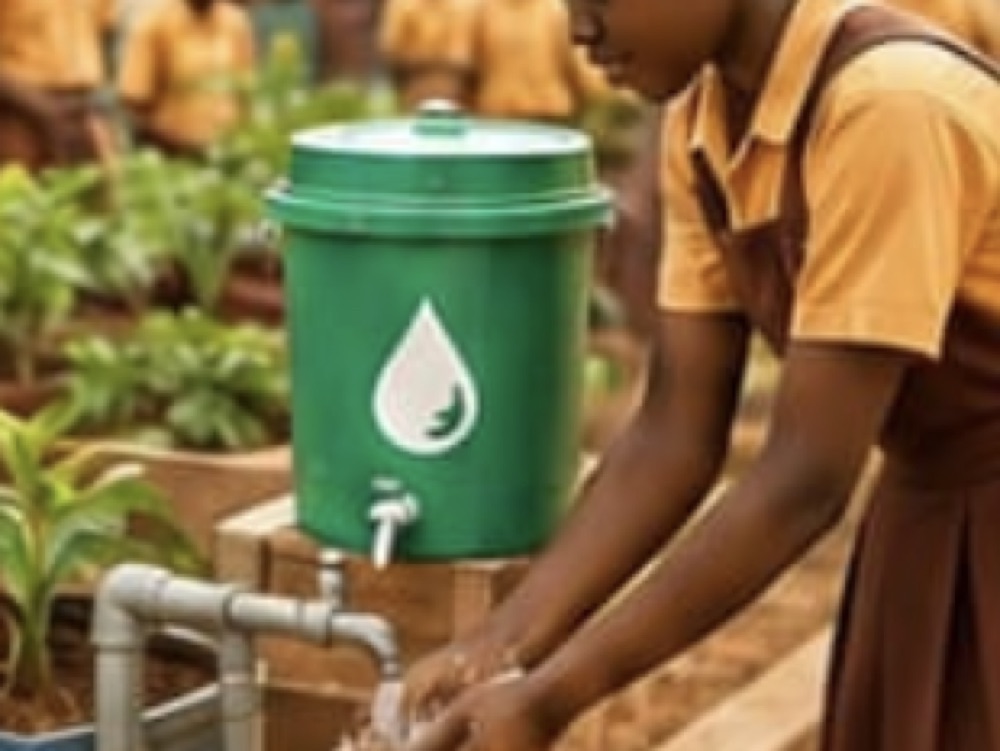 A pupil washing her hands at a green water tank and tap station beside a raised planter of young plants